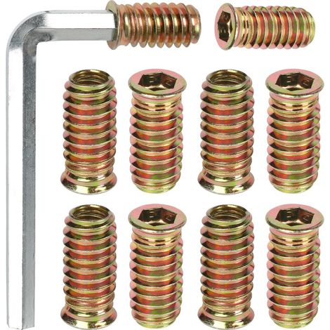 Insert Fileté Bois M6 x 20mm, 10 Pièces Insert à Vis, Écrous à Visser, Inserts D'écrou Borgne Ecrou Hexagonal, Douille Filetée Visser Metal Zinc Intérieur Manchons, pour Meubles en Bois (1/5)