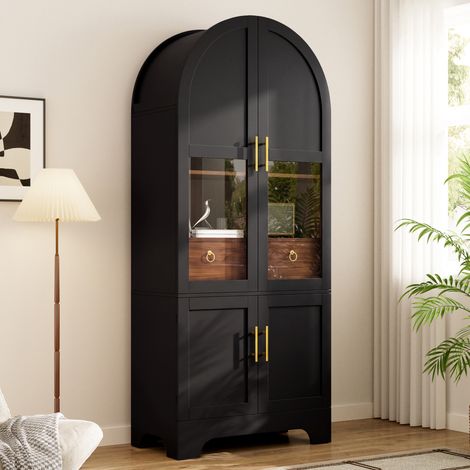 Vitrine Haute Arquée 76 x 180 cm avec LED, 4 Portes dont 2 en Verre Trempé, 1 Tiroir, MDF et Panneaux de Particules - Noir (1/5)
