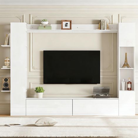 Mueble de pared para TV 245x30x170 cm blanco en tablero de partículas con vitrina, estantes abiertos y gran almacenaje (1/5)