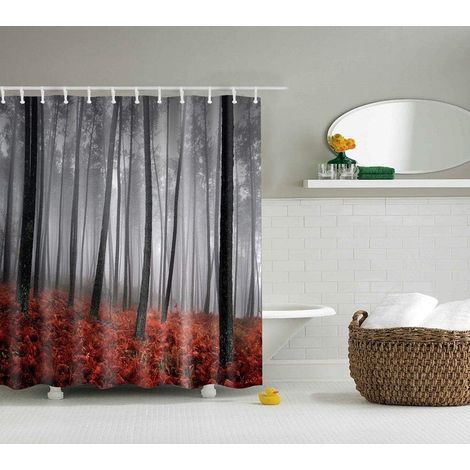 Rideau de Douche en Polyester imperméable avec 12 Crochets Motif forêt et Plantes Rouges 180 x 180 cm Multicolore