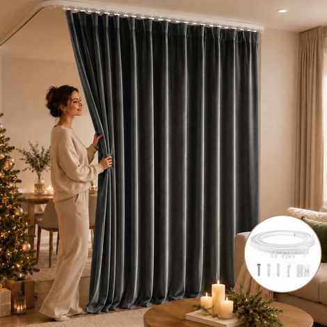 ROSNEK Rideau cloison en velours 260 g/m² 254 × 244 cm avec rail plafond flexible, séparation d'espace et intimité Gris (1/5)