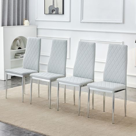 Lot de 4 chaises de salle à manger gris clair, cuir PU motif losange, pieds métalliques, design pour cuisine, salon et café