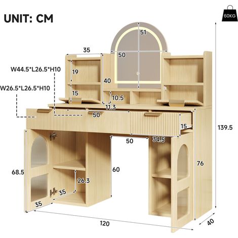 Grande table de maquillage avec miroir lumineux LED et rangements – Coiffeuse en bois à 3 tiroirs et 2 armoires vitrées avec étagères, pour chambre, 120x40x139.5 cm