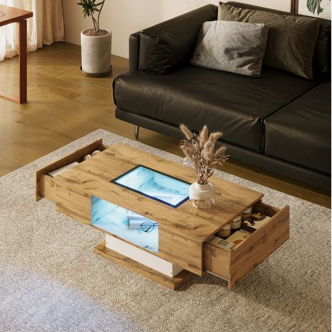 Mesa de centro 110.2x60x39.7 cm natural y blanco en tablero de partículas con cristal, 2 cajones y LED (1/5)