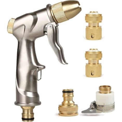 Hot hose spray gun with brass nozzle, high-pressure zinc alloy metal manual watering sprayer for car washing/lawn watering (with 4 connectors) (1/5)