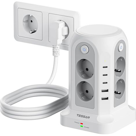 Tour Multiprise avec Interrupteur, Rallonge Electrique 2M avec USB C Prise Multiple Parafoudre et Surtension, 3680W, 8 Prises Secteur, 2 USB-A (1/5)
