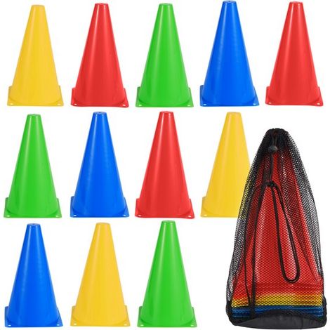 12 cônes de signalisation - 23 cm - 4 couleurs - Cônes d'entraînement et de sport - Pour football, circulation et fitness - Utilisation intérieure et extérieure - Enfants (1/5)