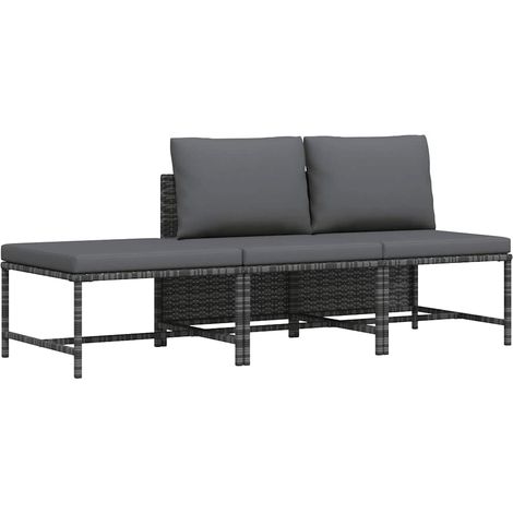 3-tlg. Garten-Sofagarnitur mit Kissen Grau Poly Rattan