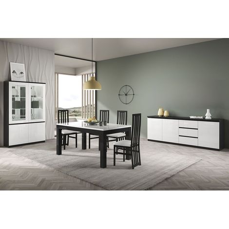 DEYTON - Ensemble Séjour Complet Laqué Noir et Blanc Table 160cm + Buffet + Vitrine avec Leds (1/5)
