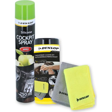 Pack Chiffon Microfibre 35x40cm 300gsm et Spray Cockpit 750ml Pomme DUNLOP - Nettoyant Intérieur, Parfum Frais, Protège