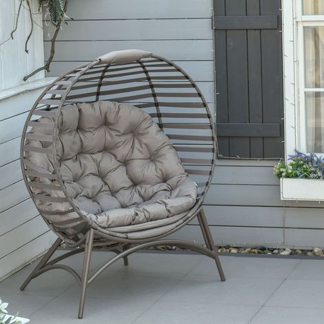 Outsunny Papasansessel Gartenstuhl 2Korb-Stuhl mit Kissen oval Loungesessel Korb faltbar Balkon Terrasse Outdoor/Indoor Sandbraun Stahl 118 x 75 x 139 cm