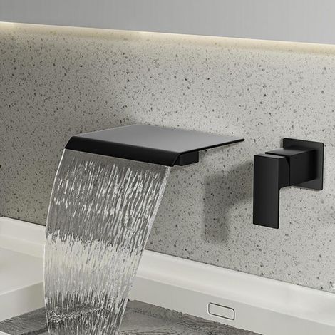 Wandmontierte Wasserfall-Waschtischarmatur, Einhebel-Wasserfallmischer, Aufsatzarmatur für Waschtisch, Warm- und Kaltwasser, ultradünn, massives Kupfer, schwarz