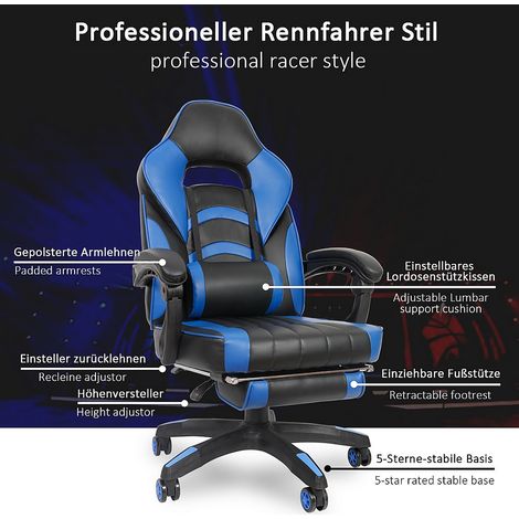 Chaise de jeu chaise de bureau chaise de course chaise pivotante chaise de direction siège baquet chaise de jeu siège sport chaise PC - noir / bleu (1/5)