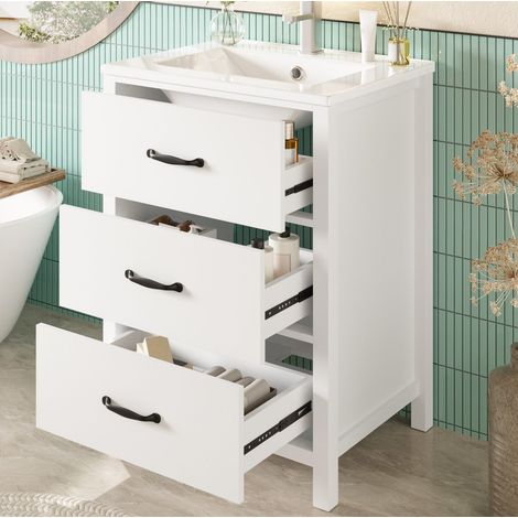 Meuble vasque 61x47x83 cm en MDF et céramique blanc, avec rangement pour salle de bain FloraGrace (1/5)