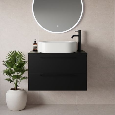 Napoli 390 Matt Black 800mm Wall Mounted 2 Drawer Vanity Unit for Countertop Basins - 800mm - Matt Black 480mm Handle