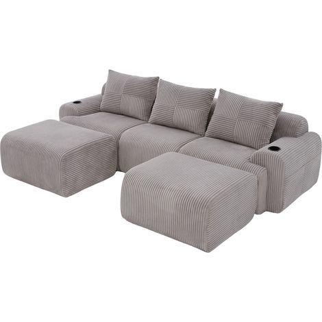 Modulares 3-Sitzer-Sofa aus hellgrauem Cord mit 2 Poufs und Getränkehalter (1/5)