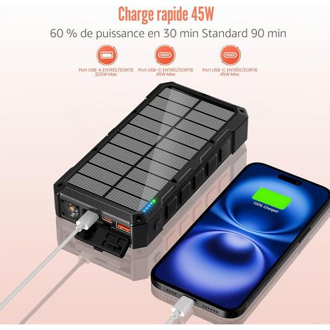 Batterie Externe Solaire 26800mAh, 45W Power Bank USB C Charge Rapide, Batterie Externe sans Fil avec 4 Ports, Lampe Torche, Étanche, Chargeur Portable pour Telephone, Camping, Randonnée (Noir) (1/4)