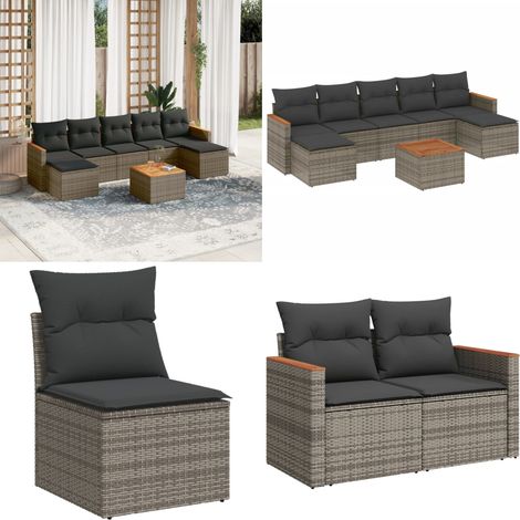 Salon de jardin 8 pcs avec coussins gris résine tressée - Ensemble Salon De Jardin - Mobilier De Jardin - Canapé Extérieur - Chaise Extérieure - Table Basse Jardin - Home & Living (1/5)