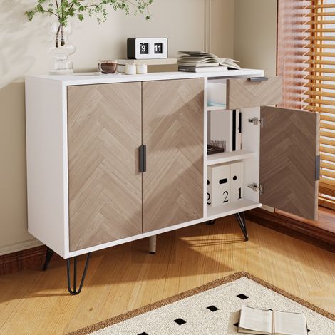 Aparador con cajón y puertas, diseño moderno, MDF y tablero de partículas 90x30x71.5cm blanco y madera (1/5)