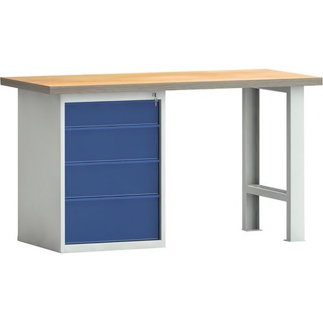 Banco da lavoro PW 700 L. 1500xP700xH840 mm faggio Multiplex grigio chiaro, RAL 7035 blu genziana, RAL 5010 4 cassetti