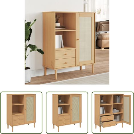 Holzschrank - Highboard SENJA Rattan-Optik Braun 90x40x112 cm Kiefernholz (1/5)