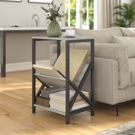 Table d'appoint étroite, bout de canapé rangement à 3 niveaux, porte-revues en V, cadre en acier, gris foncé, 40x30x61cm