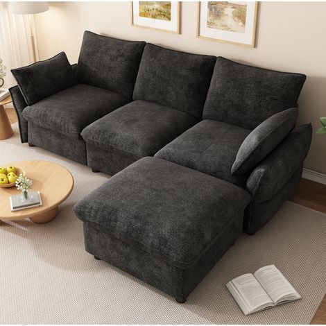 Sofá rinconero con otomana y 1 taburete, 3 plazas, chenilla gris oscuro OKMYHOME (1/5)