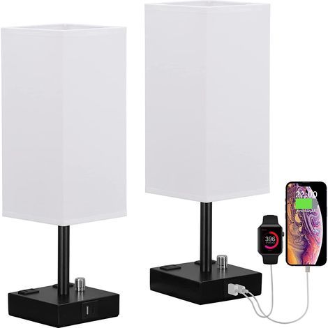 Lampe de chevet, équipée de ports de charge USB-C+USB-A, 3 intensités lumineuses réglables, abat-jour en tissu, base chromée, lampe de bureau moderne pour salon et chambre à coucher (ensemble 2 pièces (1/5)