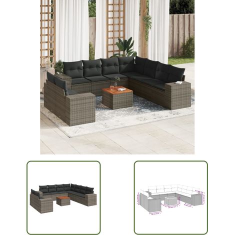 The Living Store 10-tlg. Garten-Sofagarnitur mit Kissen Grau Poly Rattan - Gartensorte - Outdoor Möbel - Lounge Set - Gartenlounge - Rattan Gartenmöbel