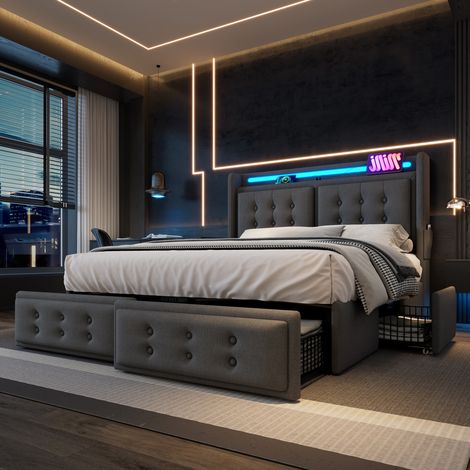 letto 160x200 con LED USB 4 cassetti grigio OKMYHOME (1/5)