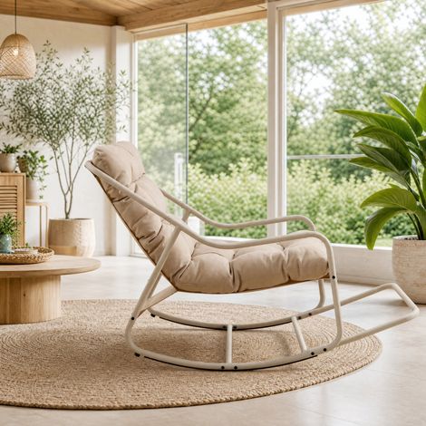 Sedia a dondolo da esterno con cuscino spesso, acciaio verniciato a polvere, beige OKMYHOME (1/5)