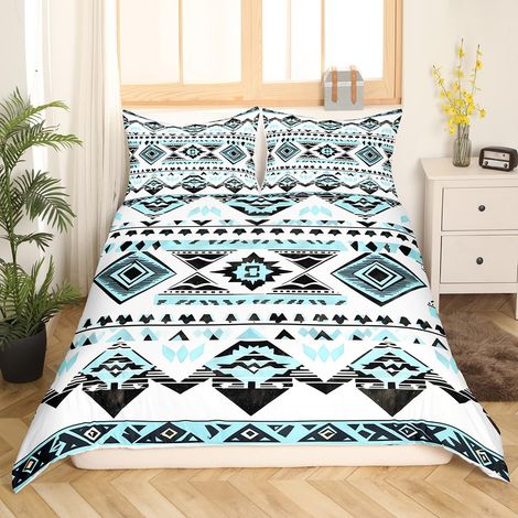 Parure de lit respirante avec housse de couette de 200 x 200 cm, motif bohème, géométrique, western, style tribal, natif, bleu et noir, pour chambre à coucher (1/5)