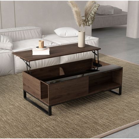 MODFU – Mesa de centro elevable 102x58 cm con tablero de vidrio, almacenamiento oculto, estante y acero negro – Nogal (1/5)