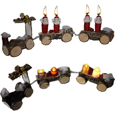 Treno con vagoni in legno naturale 4 candele dell'avvento centrotavola natalizio  addoobbi casa idea regalo - decoro: Treno con candele a batteria (1/5)
