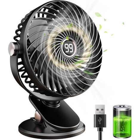 Mini-Tischventilator mit leisem USB-Anschluss, LCD-Display, 6000 mAh Akku, 5 Geschwindigkeitsstufen, 360°-Drehung, Clip-Ventilator für Zuhause, Büro und Camping (1/5)