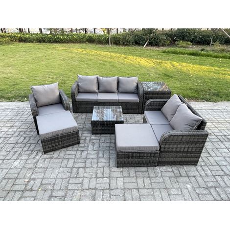 Fimous Meubles de jardin en rotin 8 places avec Gris Coussins Table basse carrée d'appoint 2 Grand tabourets (1/5)
