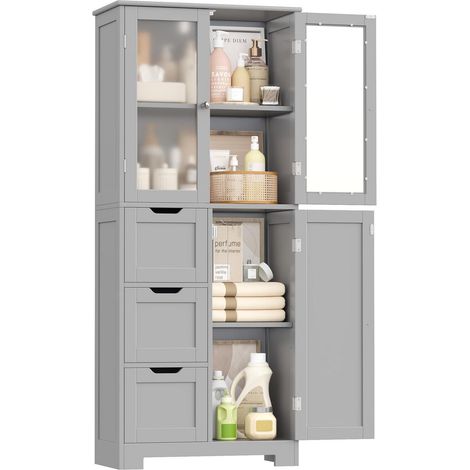 Badezimmerschrank Hoch mit 3 Türen & 3 Schubladen, Grau (1/5)