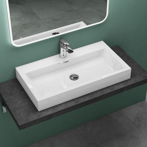 Mai & Mai Lavabo Suspendu Blanc Vasque à Poser 76,5cm Lave Mains Rectangulaire avec Tropl Plein Col06 76,5x42x10cm