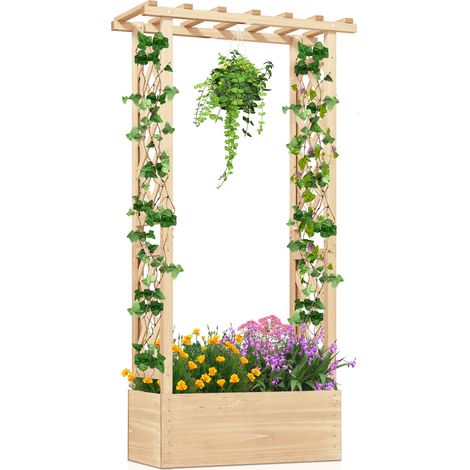 Jardinière avec Treillis Toit Suspendu en Bois avec Trou de Drainage, Lit de Jardin Surélevé pour Plante Grimpante, Beige (1/5)