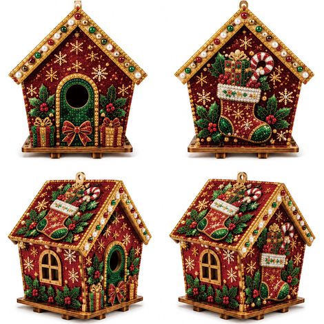 Ensemble de quatre pièces DIY Pearl Art pour Noël : Petites décorations exquises, au design unique et variées, comprenant une maison en forme de chaussette de Noël. (1/5)