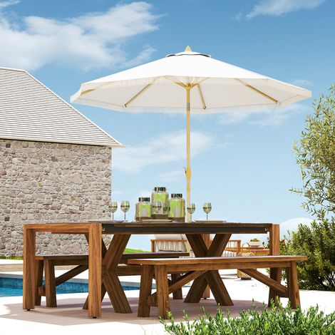 Parasol jardin inclinable manivelle franges style bohème 8 baleines, Ø265 x 244 cm, blanc