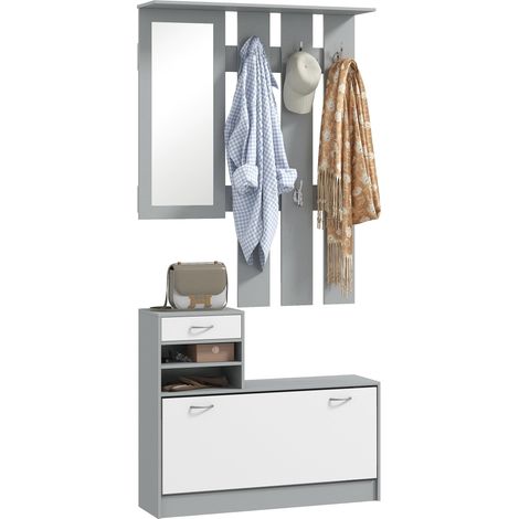 Ensemble de meubles d'entrée avec miroir, porte-manteau et étagère à chaussures, meuble de couloir 2 pièces avec crochets, étagères et tiroir, gris (1/5)