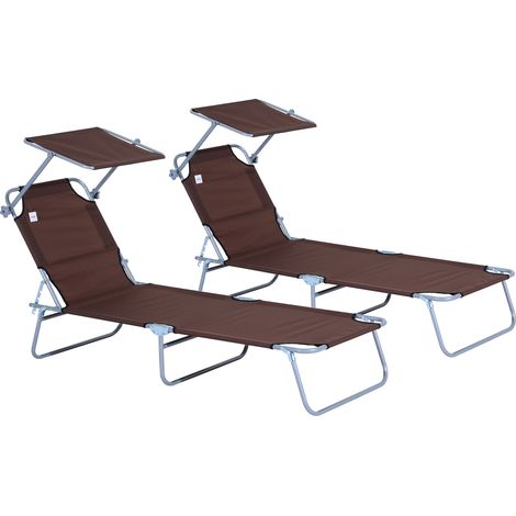 Conjunto de 2 tumbonas plegables tumbonas de jardín reclinables con toldo desmontable respaldo ajustable en 5 niveles 187x58x36 cm marrón (1/5)