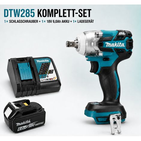 Makita DTW285 18V Akku-Schlagschrauber, 320 Nm, Brushless, mit 1× Makita BL1860B 6,0Ah Akku und DC18RC Ladegerät