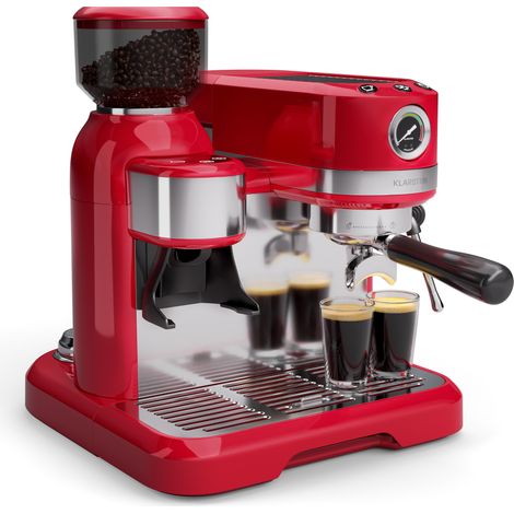 Klarstein Bella Café Espresso Machine  19-Bar, 1550W, Built-in Grinder, Milk Frother, 1.4L Water Tank, Thermo Block Heating, 2 Cup Inserts, Retro Design