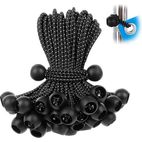 [KK] Packung mit 50 elastischen Bällen, UV-beständige schwarze Kordel, kompatibel mit Gurten, Zelten, Stangen und Seilen (1/5)