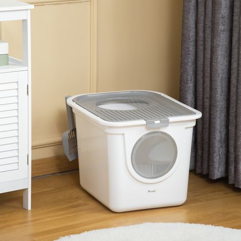 Maison de toilette Bac à litière pour chat double porte battante et supérieure, pelle fourni, 44L x 55l x 39H cm, blanc (1/5)