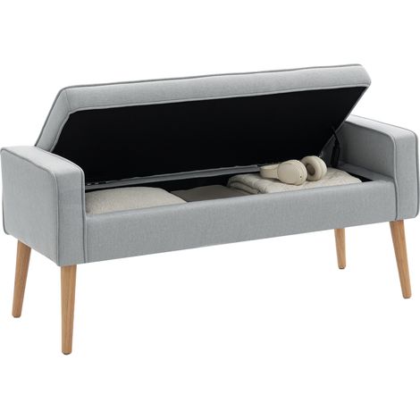 HOMCOM puff almacenaje banco almacenaje tapizado en lino sintético con tapa abatible y patas de madera carga 120 kg 120x45x54 cm Gris Claro