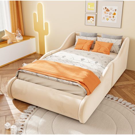 Letto per bambini 90x200 cm in velluto beige con sponde, salvaspazio, senza materasso – MEUBLIV (1/5)
