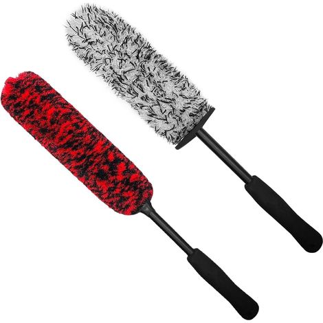 Kit de nettoyage de jantes de voiture en 2 pièces : brosse en microfibre + nettoyeur de jantes flexible avec manche de 40 cm (rouge et blanc) (1/5)